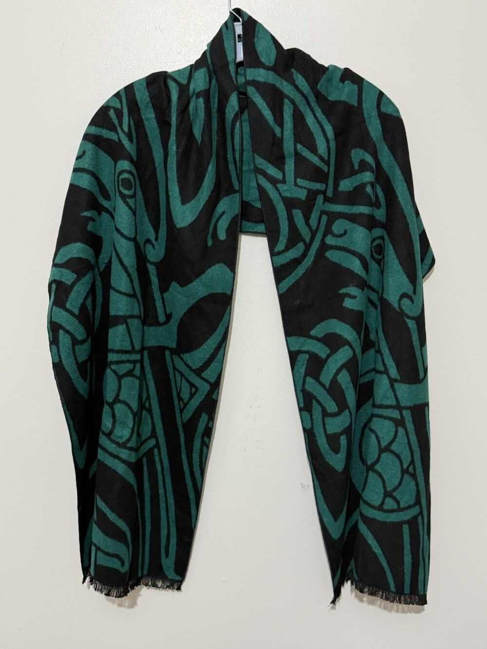 The Book of Kells Green Black Celtic Reversible Fringe Scarf 17"X70"